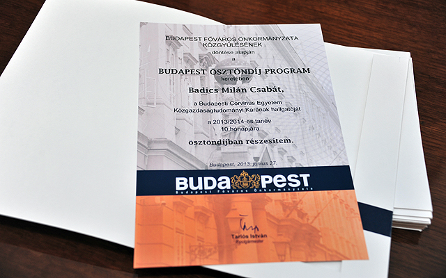 A Budapest Ösztöndíj Programban résztvevők által kapott oklevél