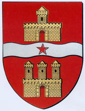 Budapest címere 1966-89 között, korona és címertartók nélkül. A vörös alapot kettő osztó hullámos sávozásba egy vörös csillag is
