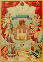 Buda szabad királyi város címere. A nagy címerpajzs fölött egy kisebb az ország címerével. Két címertartó Mars és Minerva.