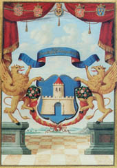 Pest szabad királyi város címere, két címertartó griffmadárral.