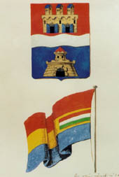 Altenburger Gusztáv címer és lobogó terve. Buda címerében a második kapuval. A lobogóban a budai és pesti lobogók összerendelése