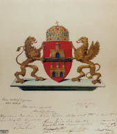 1873-ban elfogadott címer. A pajzs felső mezőjébe Pest, alul Buda címere. A két pajzstartó egy oroszlán és egy griffmadár.
