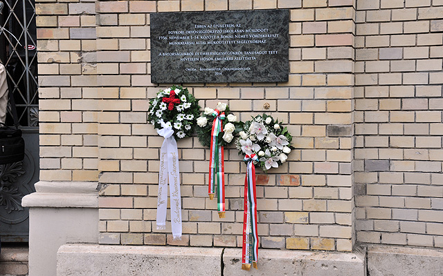 Az 1956-os forradalom és szabadságharc idején a San Marco utcai segélykórházat működtető bonni Német Vöröskereszt munkatársainak emléket állító megkoszorúzott tábla                                      