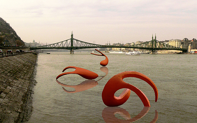 Látványterv a Duna-installáció pályázat nyertes alkotásáról, Farkas Zsófia „Nagy halak emlékezete” címet viselő szoborkompozíciójáról