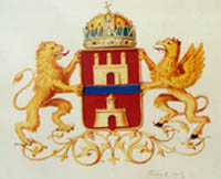 Fridrich Lajos második címer terve két címertartóval, egy oroszlánnal és egy griffmadárral. A címerpajzs tetején a szent korona 