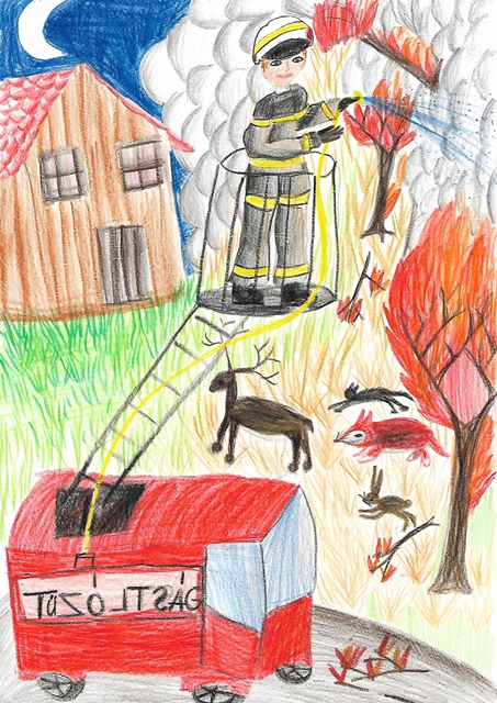 Emelőkosárból égő erdőt oltó tűzoltót ábrázoló gyermekrajz